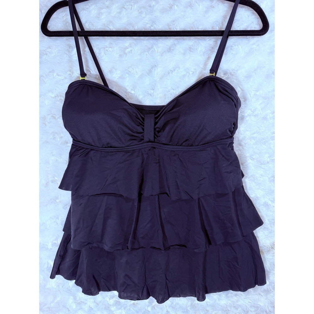 Kenneth Cole Reaction Womens Medium Black Ruffle Tankini Swimwear Top